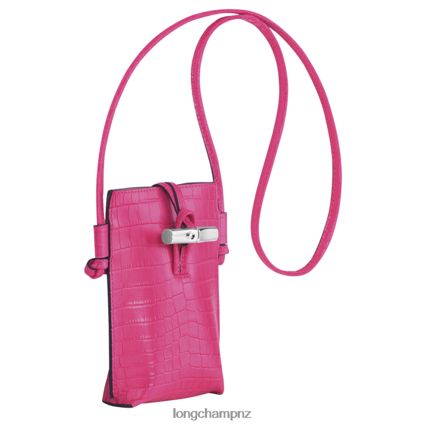 Women Fuchsia Longchamp Roseau Croco Phone case with lace Leather Goods L06408689 - Image 3
