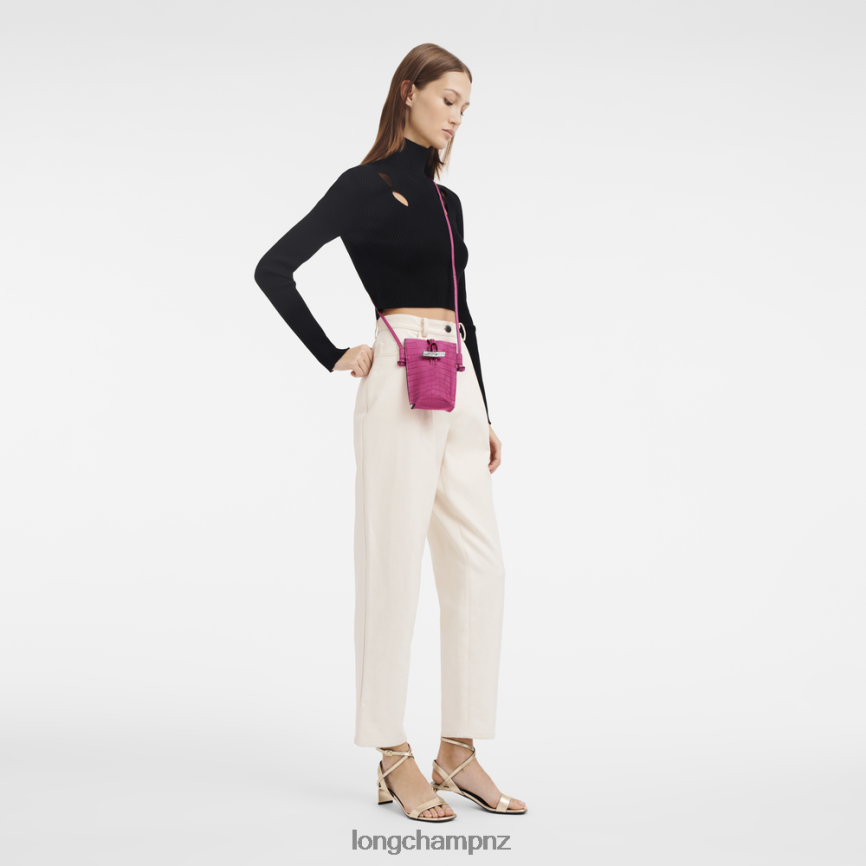 Women Fuchsia Longchamp Roseau Croco Phone case with lace Leather Goods L06408689